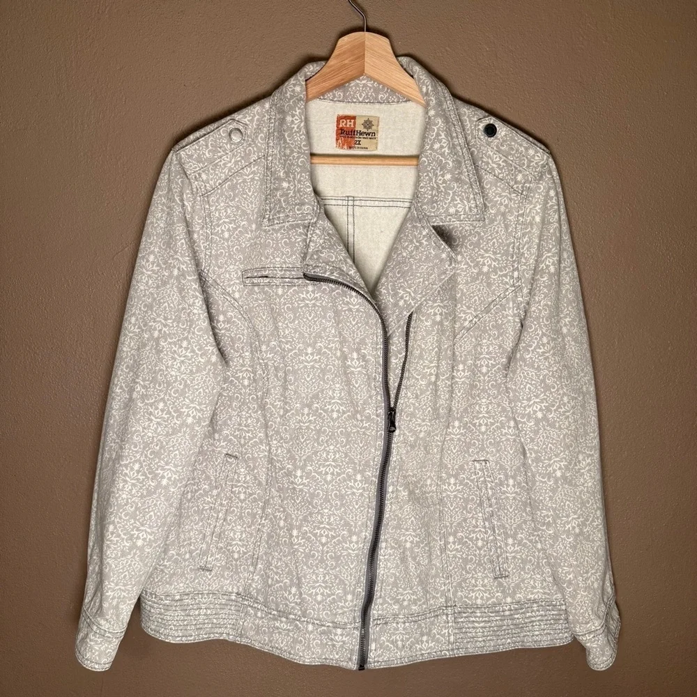 Ruff Hewn Gray & White Cotton Denim Moto Jacket Women's Plus Size 2X Streetwear - Picture 1 of 15